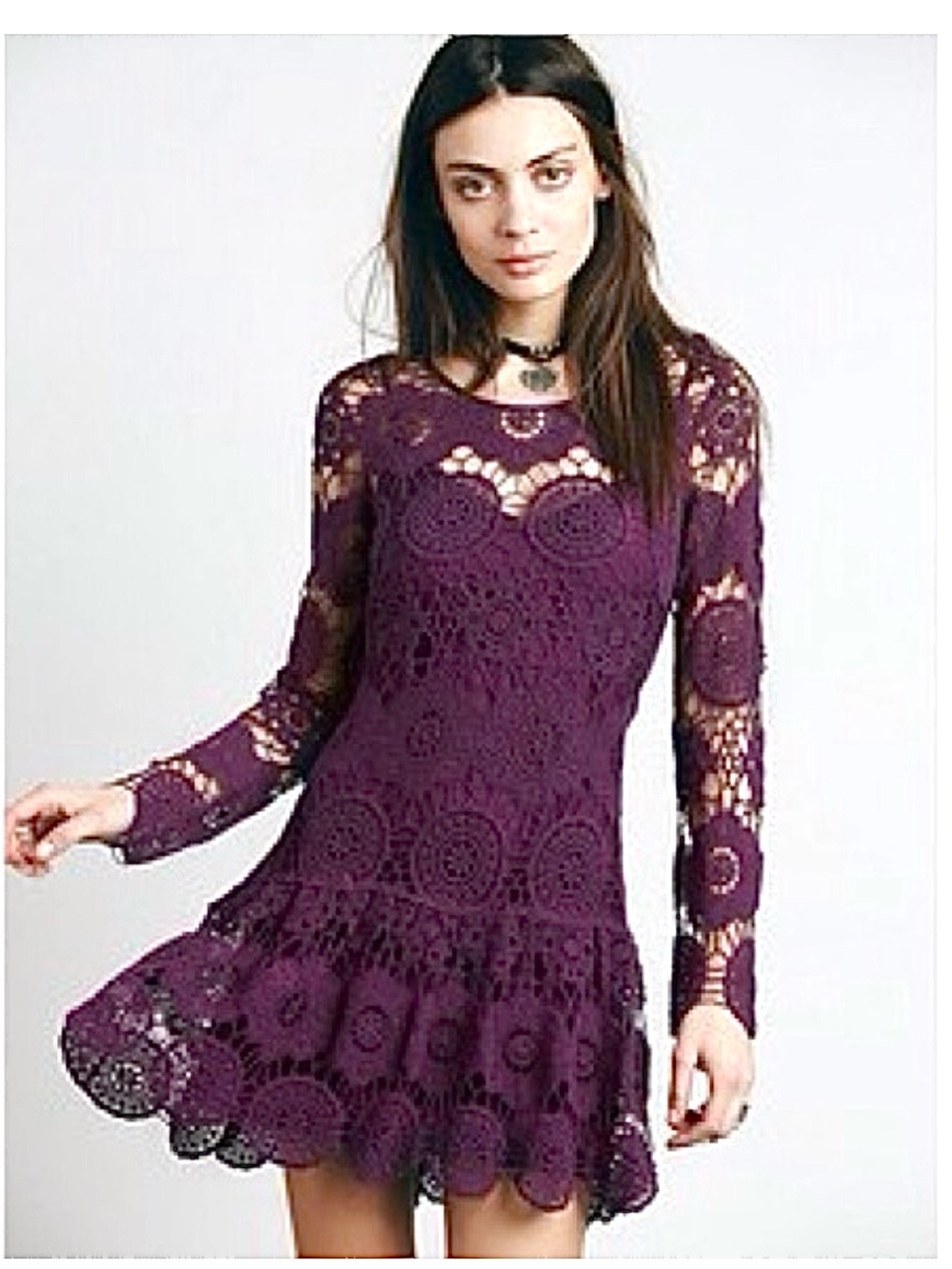 Free People “Night Out” Plum Crochet Lace Long Sleeve Dress